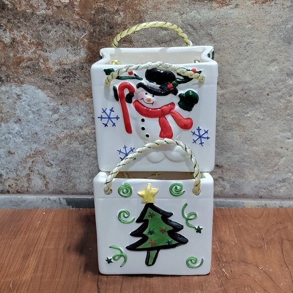 Ceramic Christmas Tree Snowman Gift Candy Bag Lot of 2 - Picture 3 of 12